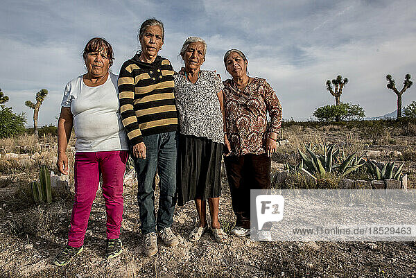 Porträt von vier Frauen  die in einer Reihe in einer trockenen Landschaft stehen  Arbeiterinnen in einem Kaktuszuchtbetrieb; Matehuala  Mexiko