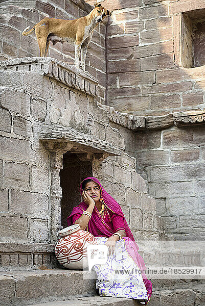 Hund schaut auf eine Frau  die sich in einem Treppenhaus in Rajasthan  Indien  ausruht; Jodhpur  Rajasthan  Indien