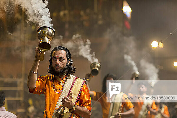 Brahmin performing Aarti ritual; Varanasi  India