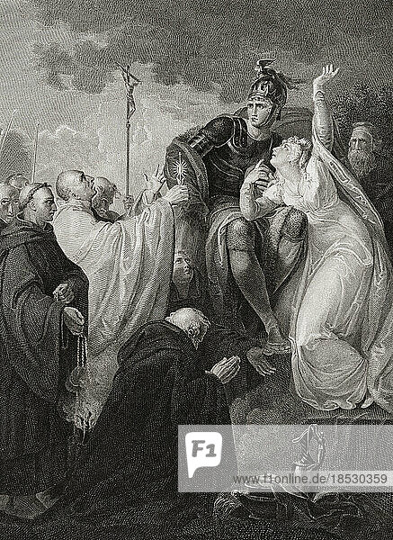 Der heilige Augustinus von Canterbury spricht mit Aethelberht  König von Kent  und seiner Königin Bertha von Kent. Ihr Treffen führte dazu  dass der König zum Christentum konvertierte. Nach einem Druck  der ursprünglich in der Historischen Galerie von Robert Bowyer erschien  die zwischen 1793 und 1806 veröffentlicht wurde.