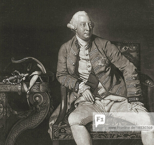 König Georg III. von Großbritannien und Irland  1738 - 1820. Nach einem Druck von Richard Houston nach dem Gemälde von Johann Zoffany