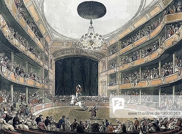 Astley's Amphitheatre. Circa 1808. After a work by August Pugin and Thomas Rowlandson in the Microcosm of London  published in three volumes between 1808 and 1810 by Rudolph Ackermann. Pugin was the artist responsible for the architectural elements in the Microcosm pictures; Thomas Rowlandson was hired to add the lively human figures.