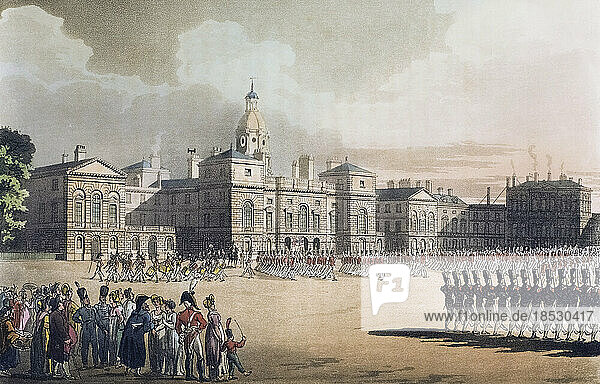 Mounting Guard  St. James's Park. Circa 1808. After a work by August Pugin and Thomas Rowlandson in the Microcosm of London  published in three volumes between 1808 and 1810 by Rudolph Ackermann. Pugin was the artist responsible for the architectural elements in the Microcosm pictures; Thomas Rowlandson was hired to add the lively human figures.