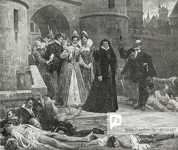 Catherine de' Medici regards with indifference the bodies of victims of the The St. Bartholomew's Day massacre in 1572. A targeted group of assassinations and a wave of Catholic mob violence directed against the Huguenots during the French Wars of Religion believed to have been instigated by Catherine de' Medici. Catherine de' Medici 1519 –1589. Italian noblewoman who was Queen of France as the wife of King Henry II. From The Wonderland of Knowledge  published c.1930