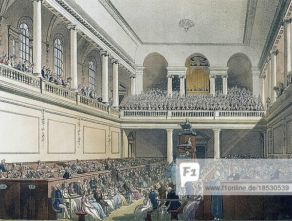 Foundling Hospital. The Chapel. Circa 1808. After a work by August Pugin and Thomas Rowlandson in the Microcosm of London  published in three volumes between 1808 and 1810 by Rudolph Ackermann. Pugin was the artist responsible for the architectural elements in the Microcosm pictures; Thomas Rowlandson was hired to add the lively human figures.