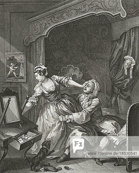 Ein Mann versucht  eine Frau gegen ihren Willen gewaltsam ins Bett zu bringen. Nach einem Werk aus dem 18. Jahrhundert von William Hogarth.