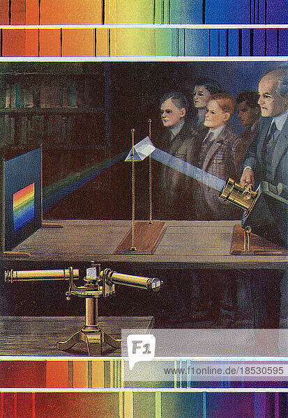 Der Lehrer zeigt den Schülern ein Spektroskop. Die vier Spektren sind  von oben nach unten  Sonnenlicht  Licht von einem der Sterne  rotes Neonlicht und blaues Quecksilberlicht. Jede Chemikalie zeigt einen charakteristischen Satz schwarzer Linien in ihrem Spektrum. Aus The Wonderland of Knowledge  veröffentlicht ca. 1930