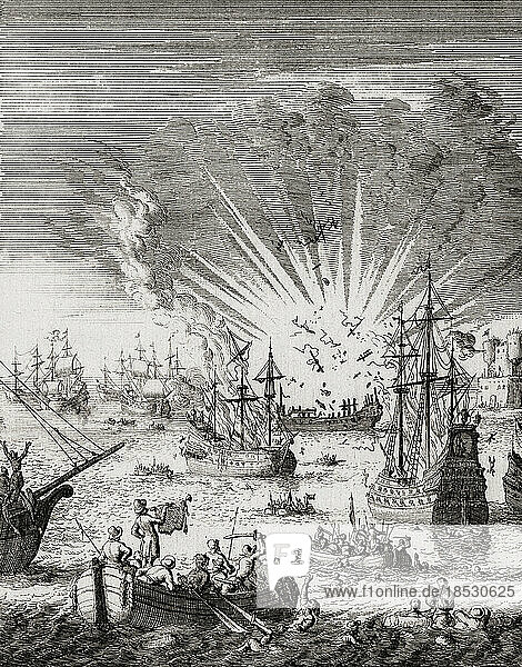 Naval battle between the Dutch Republic and the Portuguese Empire in the Dutch-Portuguese War near Goa on September 30  1639. In the picture the Portuguese galleon São Boaventura is seen exploding after it caught fire. After a print by Jan Luyken.