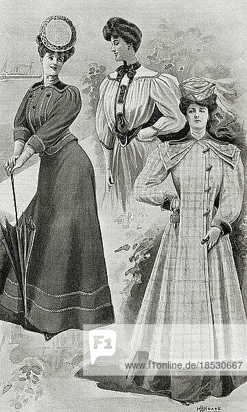 Early 20th century fashion advertisement for holiday wear. Serge coat  Simple shirt  Ideal Wrap. From The World and his Wife  published 1906