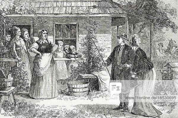 Ein Mormonenmann bringt eine weitere Frau mit nach Hause. Nach einer Illustration eines nicht identifizierten Künstlers aus dem 19.
