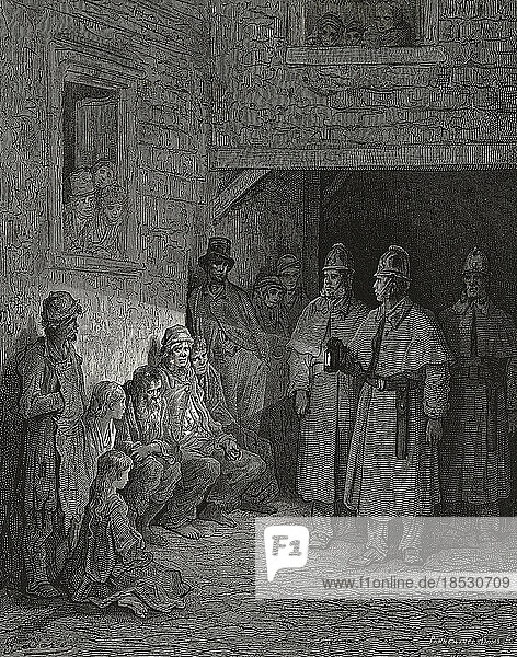 A police patrol in 19th century London shine a bullseye lantern onto a group of homeless and destitute people. After an illustration by Gustave Doré in the 1890 American edition of London: A Pilgrimage written by Blanchard Jerrold and illustrated by Gustave Doré.