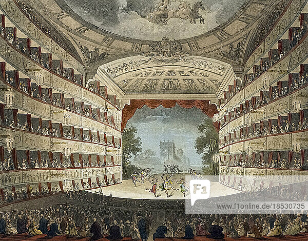 Opera House. Circa 1808. After a work by August Pugin and Thomas Rowlandson in the Microcosm of London  published in three volumes between 1808 and 1810 by Rudolph Ackermann. Pugin was the artist responsible for the architectural elements in the Microcosm pictures; Thomas Rowlandson was hired to add the lively human figures.