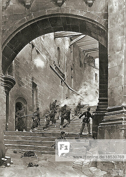 French soldiers in combat in a chateau during the Franco-Prussian War of 1870. After a painting by Edouard Detaille.