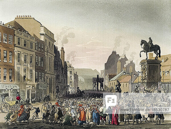 Pillory  Charing Cross. Circa 1808. After a work by August Pugin and Thomas Rowlandson in the Microcosm of London  published in three volumes between 1808 and 1810 by Rudolph Ackermann. Pugin was the artist responsible for the architectural elements in the Microcosm pictures; Thomas Rowlandson was hired to add the lively human figures.