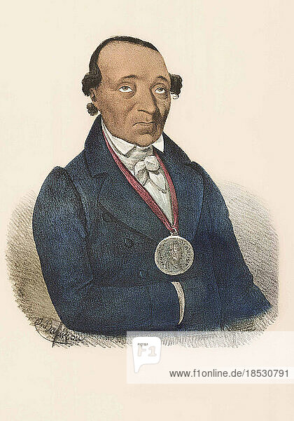 Jean Baptiste de Richardville alias John Richardville  Pinsiwa oder Peshewa  ca. 1761 - 1841. Halb Franzose und halb Miami-Zivilhäuptling der Miamis. Nach einem um 1835 veröffentlichten Druck.