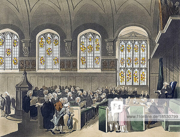 Court of Chancery  Lincoln's Inn Hall. Circa 1808. After a work by August Pugin and Thomas Rowlandson in the Microcosm of London  published in three volumes between 1808 and 1810 by Rudolph Ackermann. Pugin was the artist responsible for the architectural elements in the Microcosm pictures; Thomas Rowlandson was hired to add the lively human figures.