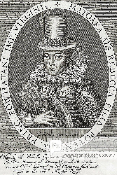 Illustrated portrait of Pocahontas born Matoaka  known as Amonute  1596 – 1617. She was a Native American woman associated with the colonial settlement at Jamestown  Virginia. After a 18th century work by Reinier Vinkeles; Artwork