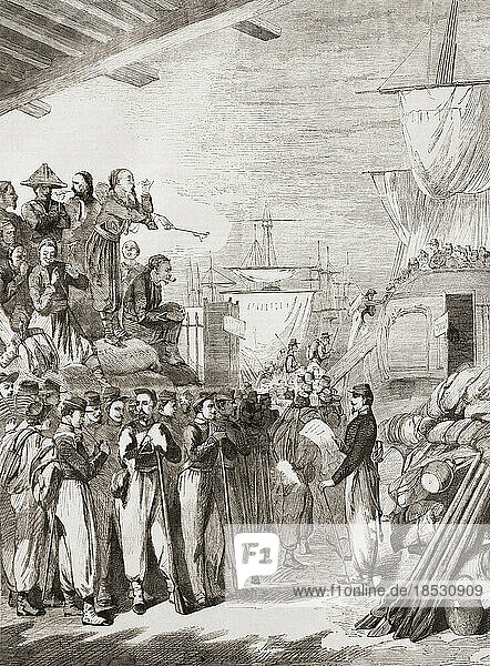 Zouaves bei der Einschiffung in Marseille auf dem Weg zur Schlacht von Palestro während des Zweiten Italienischen Unabhängigkeitskrieges  auch französisch-österreichischer Krieg  österreichisch-sardinischer Krieg oder italienischer Krieg von 1859 genannt. Aus L'Univers Illustre  veröffentlicht in Paris  1859.