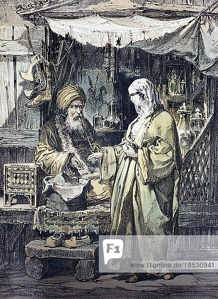 Ein Apothekerladen in einem arabischen Basar. Eine verschleierte Kundin spricht mit dem Drogisten. Nach einem französischen Druck aus dem Jahr 1857.