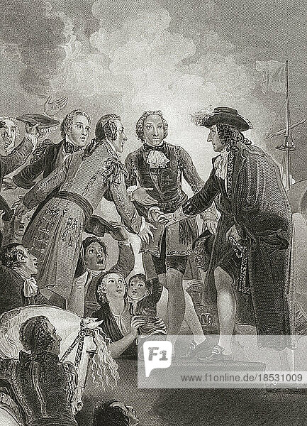 Wilhelm  Prinz von Oranien (später König Wilhelm III.) landet in Brixham in Torbay  Devon  England  5. November 1688. Nach einem Druck von George Noble nach einem Werk von Thomas Stothard  das ursprünglich in Robert Bowyers Historic Gallery erschien  die zwischen 1793 und 1806 veröffentlicht wurde.