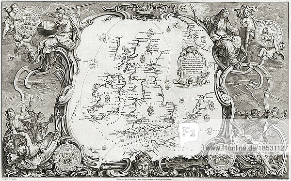 Ornamentale  allegorisch verzierte Karte  die den Verlauf der unglückseligen spanischen Armada um die Britischen Inseln und Irland nach ihrem erfolglosen Versuch  1588 in England einzufallen  zeigt. Nach einem Kupferstich von John Pine nach einer Zeichnung von H. Gravelot  datiert 1739.