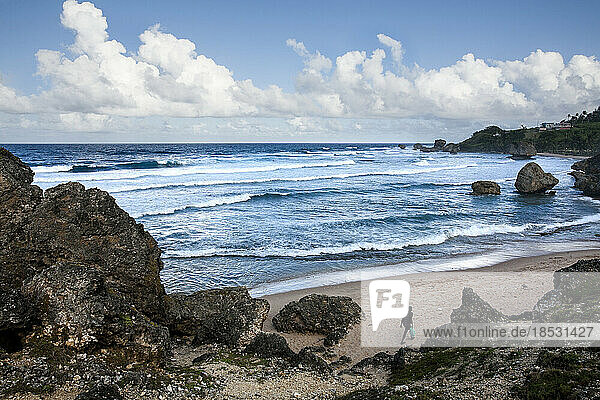 Rugged rock and boulders on the beach along the coast of Barbados at Bathsheba; Bathsheba  Barbados
