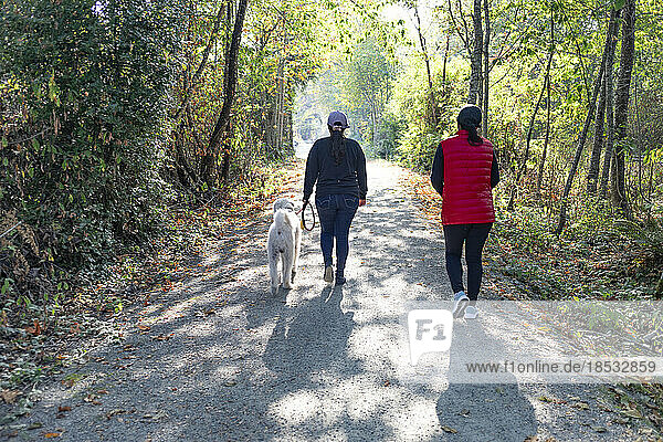 Zwei Frauen und ein Hund gehen auf einem bewaldeten Weg spazieren; Vancouver Island  British Columbia  Kanada