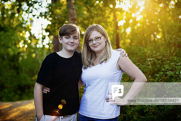 Outdoor portrait of a mother with her teenage son; Edmonton  Alberta  Canada