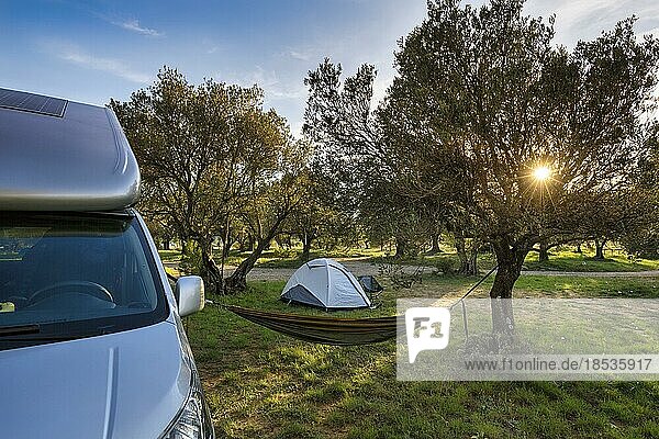 Campingplatz  Minicamper  Campervan  Hängematte  Zelt  Abendsonne scheint durch Olivenbäume  Aragonien  Spanien  Europa