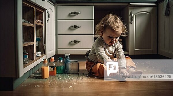 Ein Kleinkind  das auf dem Kuchen oder Badezimmerboden liegt  hat in einem ungesicherten Schrank zu Hause verschiedene Reinigungs und andere Chemikalien gefunden  KI generiert