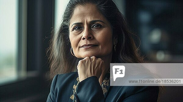 Contemplative successful middle-aged Indian executive businesswoman in her office  generative AI