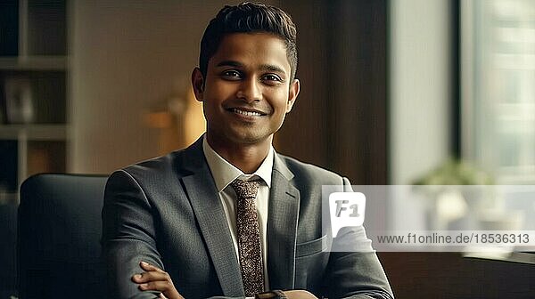 Lächelnder erfolgreicher junger erwachsener indischer Geschäftsmann in seinem Büro  generative AI