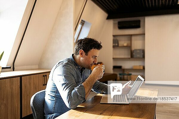 Lächelnder  bärtiger  kaukasischer Geschäftsmann arbeitet am Laptop im Büro zu Hause. Brunette Studentin verwenden Computer Fernunterricht um Videoanruf Lernen  beobachten Online Webinar oder Seminar