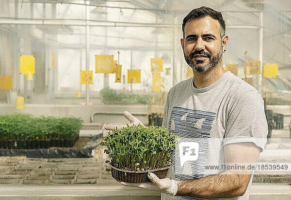 Männlicher Forscher lächelt und schaut in die Kamera  er hält eine Sojabohnensprossenpflanze im Gewächshaus