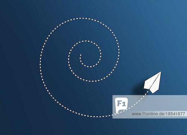 Draufsicht auf Papier Flugzeug fliegen Spirale Weg gegen blaün Hintergrund  gehen im Kreis Konzept
