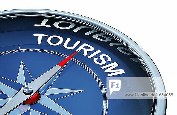 3D-Rendering eines Kompasses mit dem Wort Tourismus