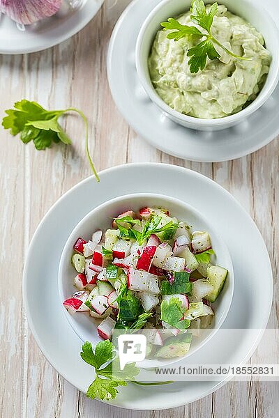 Radieschensalat mit Gurken und Zwiebeln mit leckerem Avocado Dip. Gesunde Ernährung Konzept