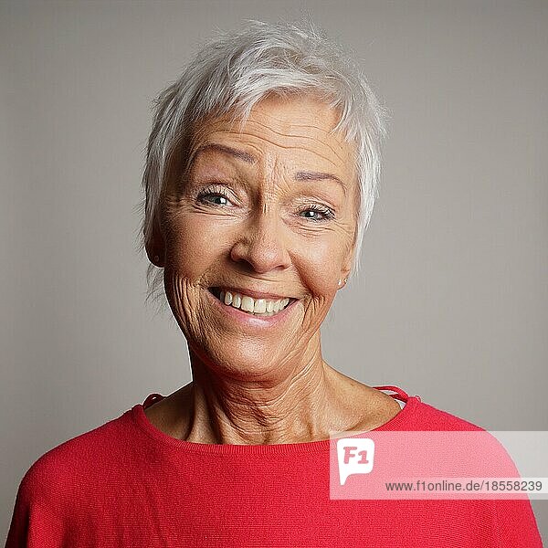 Glückliche ältere Frau in den 60ern mit trendigen kurzen weißen Haaren lachend