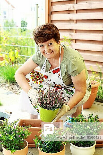 Ältere Frau pflanzt Blumen um  damit sie besser wachsen