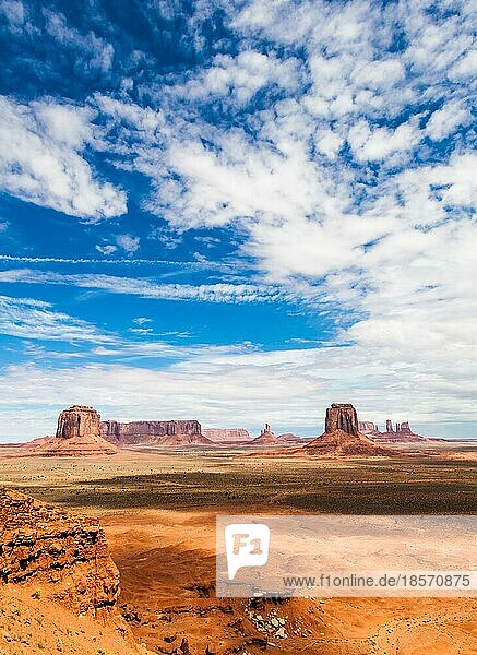 Complementary colours blue and orange in this iconic view of Monument Valley  USA  North America