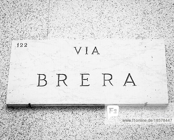 Mailand  Italien. Straßenschild des berühmten Breara Viertels  Standort von Künstlern und Museen
