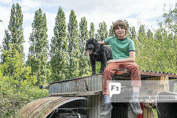Boy (12-13) and dog sitting on shack roof