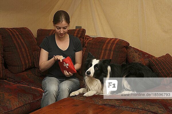 Young woman sitting on the couch with border collie holding dog first aid kit
