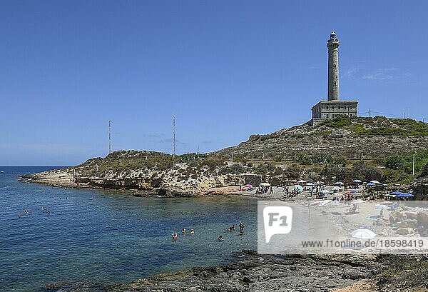 Túnez beach and lighthouse at Cabo de Palos  near La Manga del Mar Menor  Murcia province  Costa Cálida  Spain  Europe