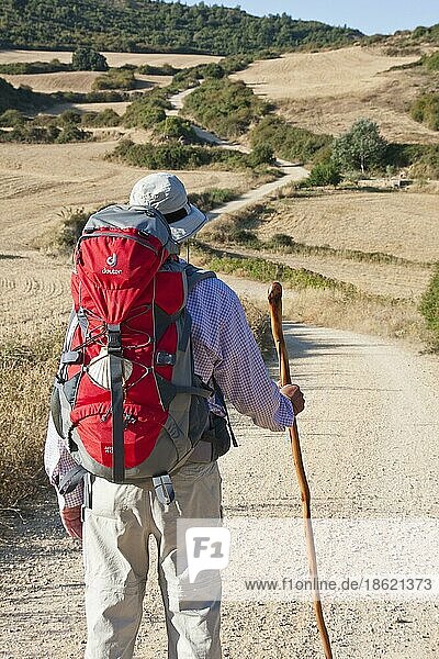Ein Jakobspilger auf seinem Weg nach Luquin  Wegstrecke vom Kloster Irache bei Estella nach Luquin  Region Navarra  Baskenland  Spanien  Europa