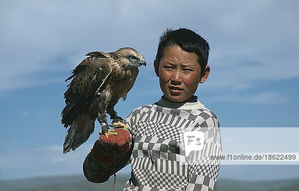 Kazakh boy with falcon  Bayan Olgiy Province  Mongolia  Asia