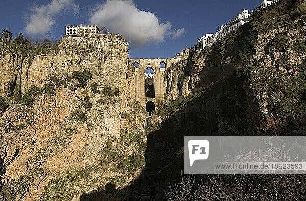 Fluss El Tajo und neue Brücke  Puente Nuevo  Schlucht El Tajo  Ronda  Andalusien  Spanien  Europa