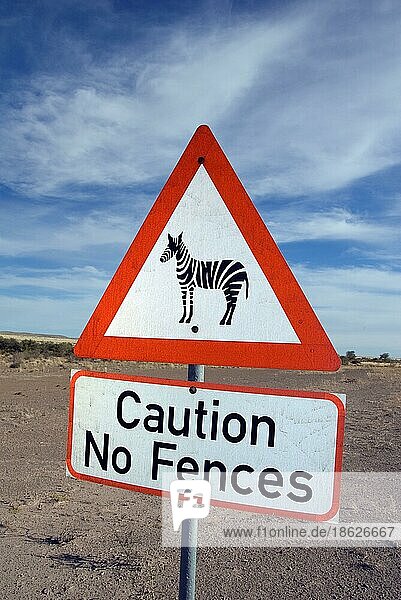 Verkehrsschild 'Zebra'  'Vorsicht kein Zaun'  Namibia  Warnung vor Zebras  Warnschild  Afrika