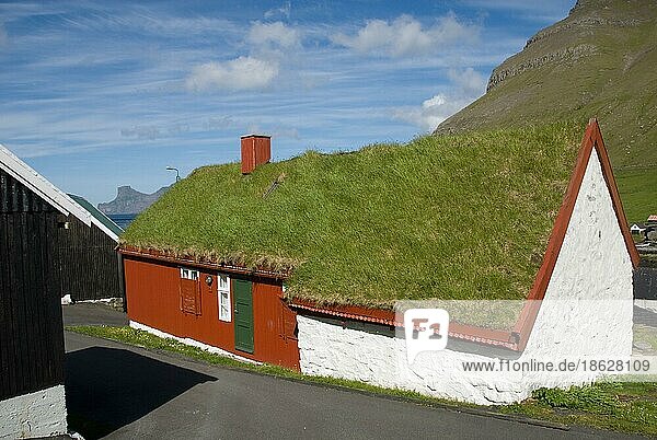 Grass sod house  green roof  Elduvik  Esturoy Island  Faroe Islands  Denmark  Europe