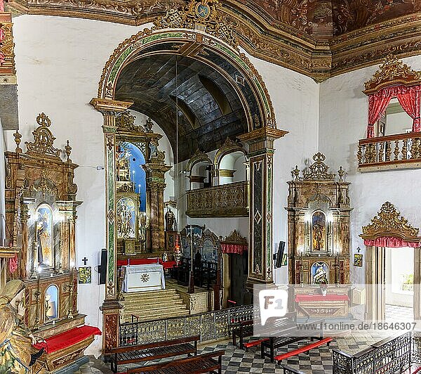 Interior of a antique baroque church in Salvador  Bahia  richly decorated with gold-plated walls and altar  Brasil
